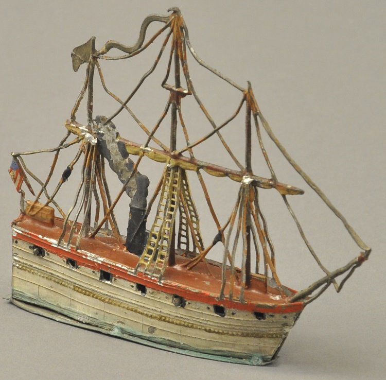STEAM WARSHIP: Germany, hand painted lead example, extensive detail to rigging, three masted vessel, some guns at sides, smoke peers from stack. 5 1/4" l.