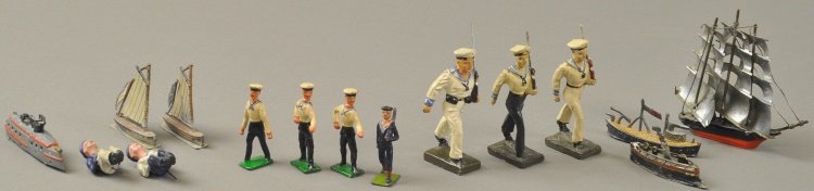ASSORTED NAUTICAL AND SAILORS GROUPING: Germany, lot includes Lineol sailors and others in seated or walking pose, together with small scale lead ships, one with tin sails. Ship 4" l. Sailor 3 1/2" h.