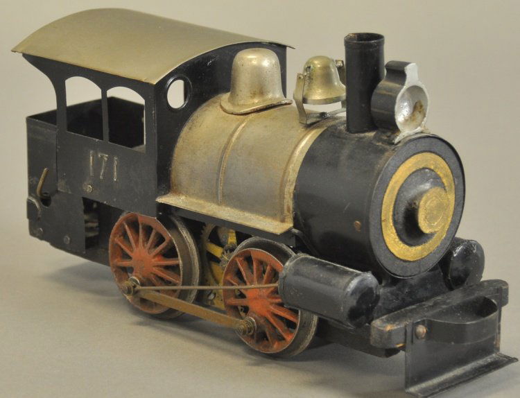 CARLISLE & FINCH NO. 20 SWITCHER: c. 1904-1907, 0-4-0 switch done in nickel boiler and cab roof, black painted conductor's compartment, smoke box, pilot and coal bunker, red wheels, motor not tested. 10 1/2" l.
