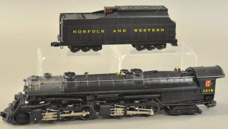 LIONEL N & W CLASS A STEAM LOCOMOTIVE & TENDER: 2-6-6-4 steam locomotive #6-28052 boxed example, like new, features Command Control, Class A articulated RailSounds, swing out scale coupler on the pilot, wireless tether, brakeman's doghouse on the t