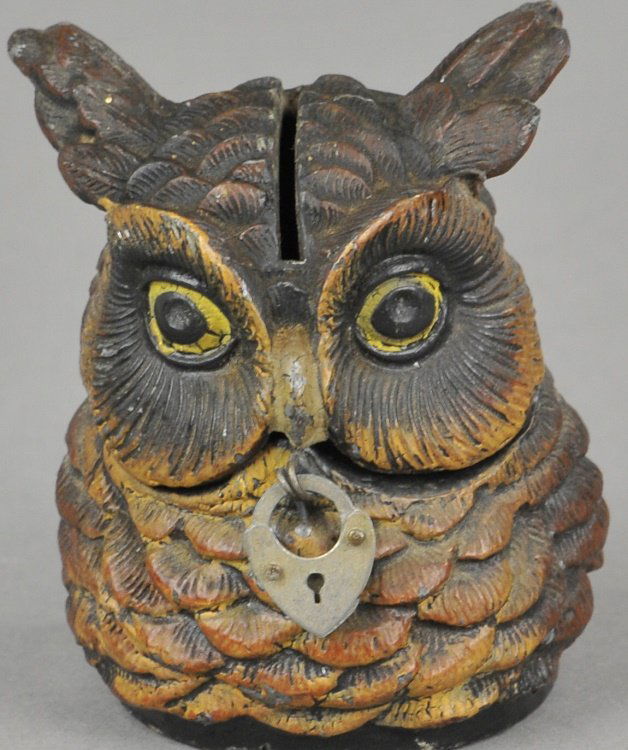 GREAT HORNED OWL HEAD SPELTER STILL BANK (1 of 4)