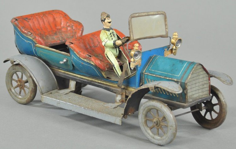 HANS EBERL FOUR SEAT OPEN TOURER: Germany, lithographed tin, done in blue body with gold trim, red fully embossed seating, opening doors, spoke wheels, a well scaled luxury toy auto, seated driver, clockwork mechanism, nicely styled o