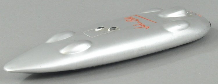 JOHN COBB RACING CAR: Minimodels, John Cobb, signature stenciled at bonnet, tin racer done in silver and red colors, clockwork driven. 10 1/2" l.