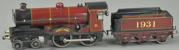 BASSETT-LOWKE "DUKE OF YORK" 4-4-0 LOCOMOTIVE: O' gauge, clockwork driven, maroon body, decal on sides with six wheel tender marked, "1931." 8 1/2" l.