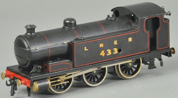 BASSETT-LOWKE 0-6-0 TANK ENGINE: O' gauge, clockwork driven #433 LNER Locomotive in black.