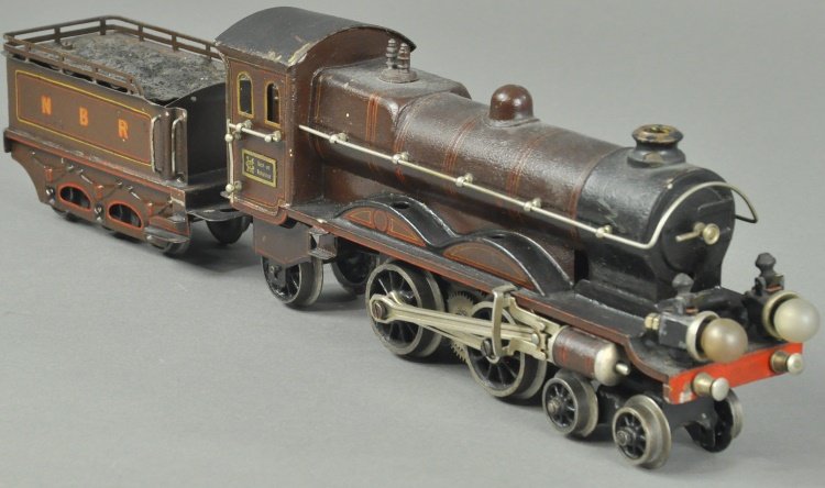 MARKLIN NBR 4-4-2 LOCOMOTIVE: O' gauge, electric driven, brown body, nickel rail, with NBR six wheel tender. 10 1/2" l.