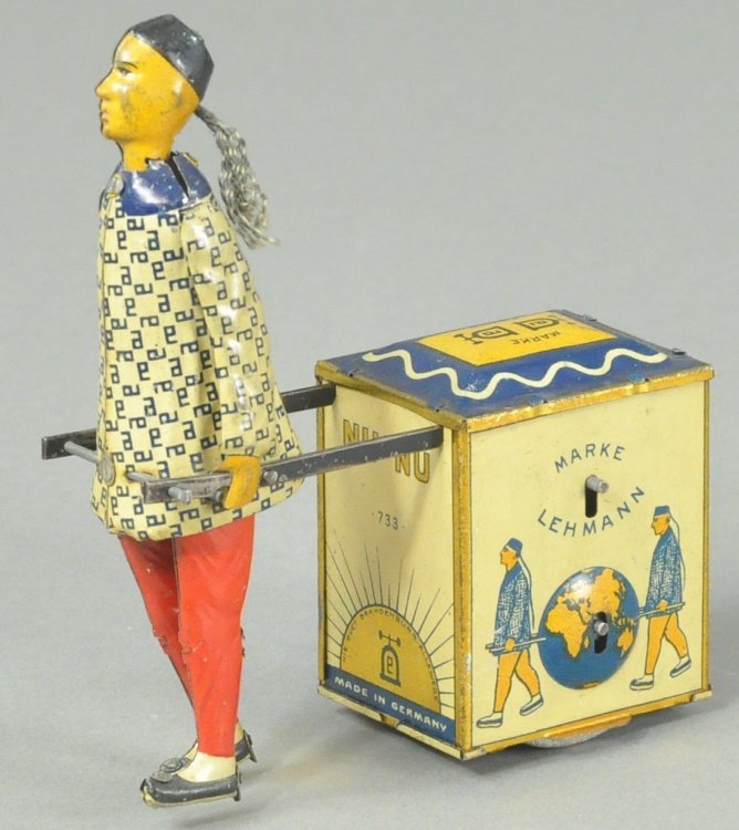LEHMANN NU-NU: Germany, lithographed tin, colorful depiction of Chinaman pulling chest of tea, clockwork mechanism concealed within, wheels under chest allow easy motion. 5" l.