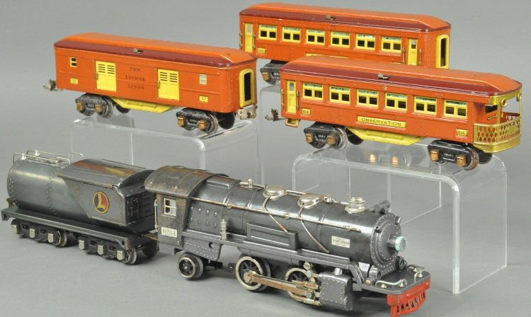 LIONEL 'O' GAUGE 255E STEAM LOCO, TENDER & CARS: Lionel No. 255E Steam Locomotive, #263W whistle tender with #613 Pullman, #614 Observation, #615 baggage car, all in matching terracotta and cream colors. 21" l.