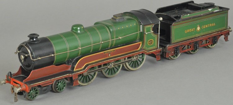 BING BASSETT-LOWKE "SIR SAM FAY" LOCOMOTIVE: 1' gauge, clockwork driven 4-6-0 Grand Central Locomotive in green body, maroon frame, together with six wheel tender decalled "Grand Central." 15" l.