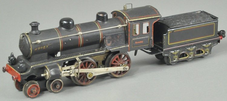 MARKLIN 4-4-0 LOCOMOTIVE AND TENDER: Germany, ''O' gauge, electric driven, black body, nickel railing with six wheel tender not original to locomotive. Locomotive 9 1/2" l.