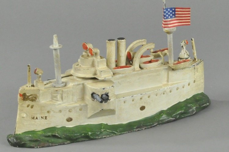 MAINE BATTLESHIP STILL BANK: "Remember the Maine" battleship, one gun missing, two guns wood, replaced masts. 10" l.