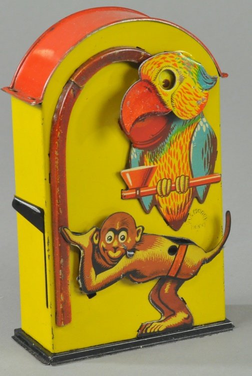 MONKEY AND PARROT TIN MECHANICAL BANK (1 of 2)