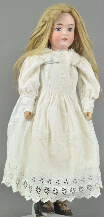 KESTNER CHILD DOLL: Bisque socket head, incised "171 made in Germany 12" with blue glass sleep eyes, open mouth with four upper teeth on original fully articulated wood and composition body with original finish, some wea