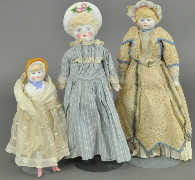LOT OF THREE BISQUE "BONNET" DOLLS (1 of 2)