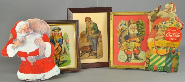 FOUR CHRISTMAS ADVERTISING DIE-CUTS: An impressive Thomas Nast Santa marked "The Trojan Santa Claus" an early Santa selling "Ayer's Cherry Pectoral," small piece of his hat is missing, a drummer boy, "Toy Bazaar" and Coca-Cola Santa with