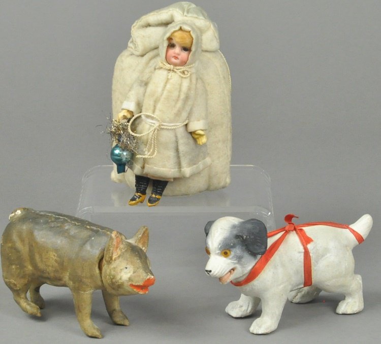 A HEUBACH SNOW GIRL, PUPPY AND PIG CANDY CONTAINER (1 of 2)