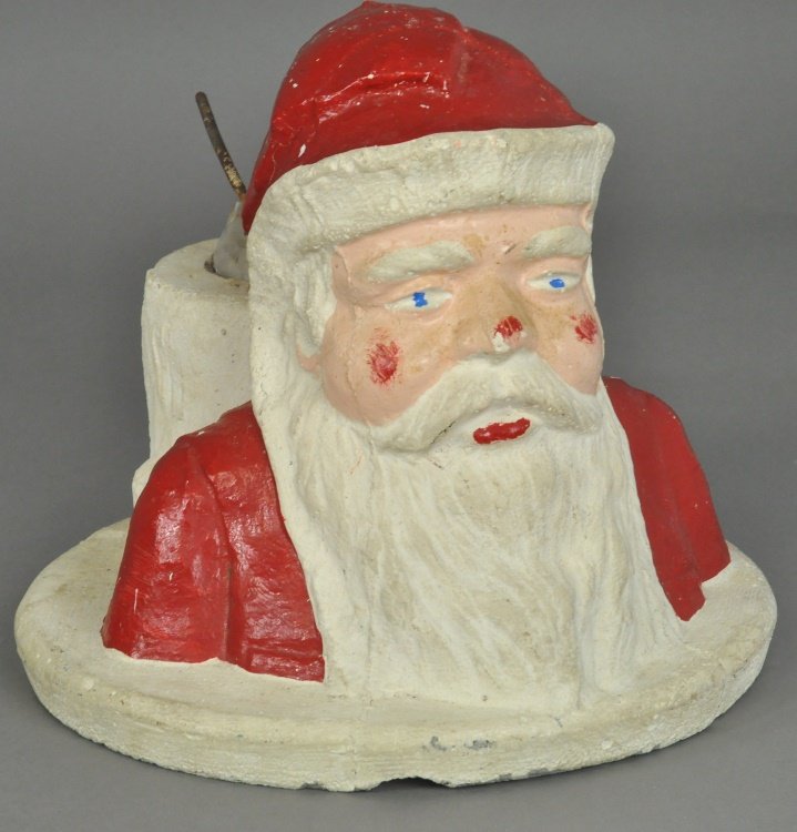 POURED CONCRETE SANTA TREE STAND: Heavy duty Santa Claus tree stand has been modified to hold a feather tree, a most unusual and unique piece. 11" h.