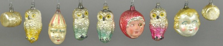 GROUPING OF NICE GLASS ORNAMENTS: Four glass owls, two wine barrels, clown head, golden hair baby and a Little Red Riding Hood, one glass eye missing. 1 1/2" - 3 1/2" l.