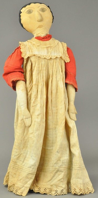 LARGE CLOTH DOLL: Commercially made cloth doll with separately applied nose, stitched facial features and black yarn hair, stitched fingers, perhaps representing "Olive Oyl" from the Popeye comics. Cloth doll 30" (75cm