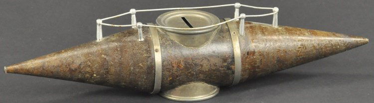 WOOD AND TIN SUBMARINE STILL BANK: Early example, railed upper deck with coin slot and key lock trap at center of vessel, made of wood body and painted in brown.