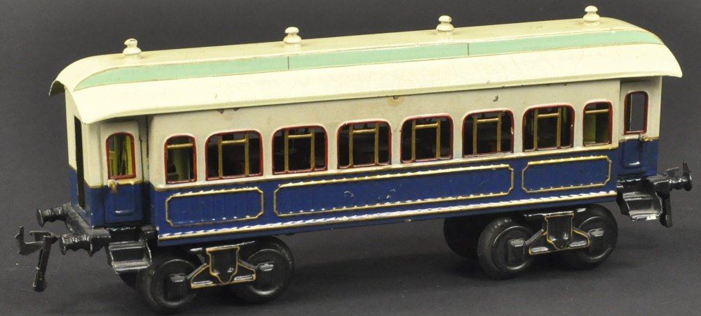 BING I GAUGE KAISER CAR COLORS: Germany, hand painted, done in dark blue body with light greenroof, gold trim, well styled overall, eight wheeled. 13 1/2" l.