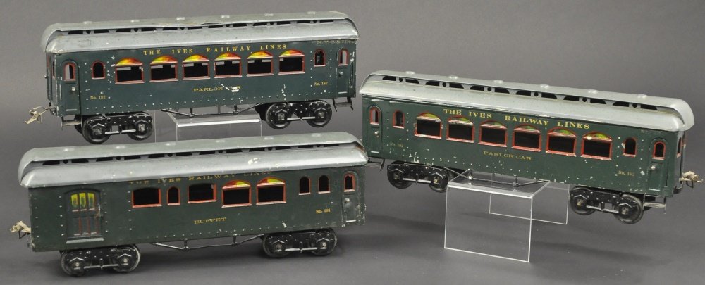 IVES WIDE GAUGE 181 & 182 PASSENGER CARS: Done in green bodies and light green roofs, lot includes 181 buffet car and two 182 parlor cars. 14" l.