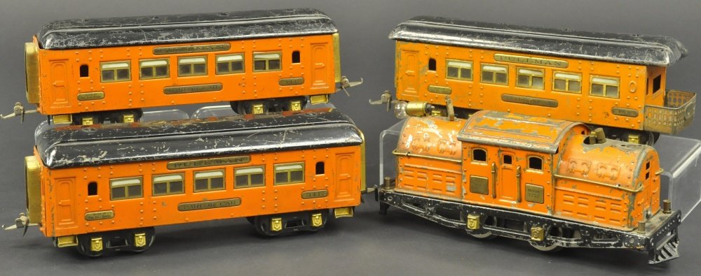 IVES 3257 SET: Includes 3257 0-4-0 'O' gauge locomotive together with two #141 Parlor cars and #142 Observation car, all in orange bodies, black roofs. Cars 10" long.