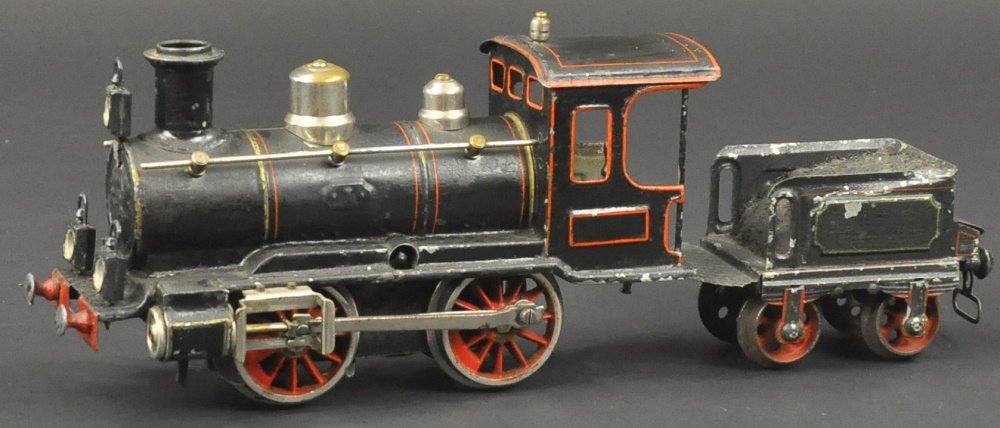 MARKLIN 0-4-0 LOCOMOTIVE AND TENDER: Germany, hand painted, done in black with red trim, nickel dome, rail and rods, has earlier four wheel tin tender in dark green. 14" l.