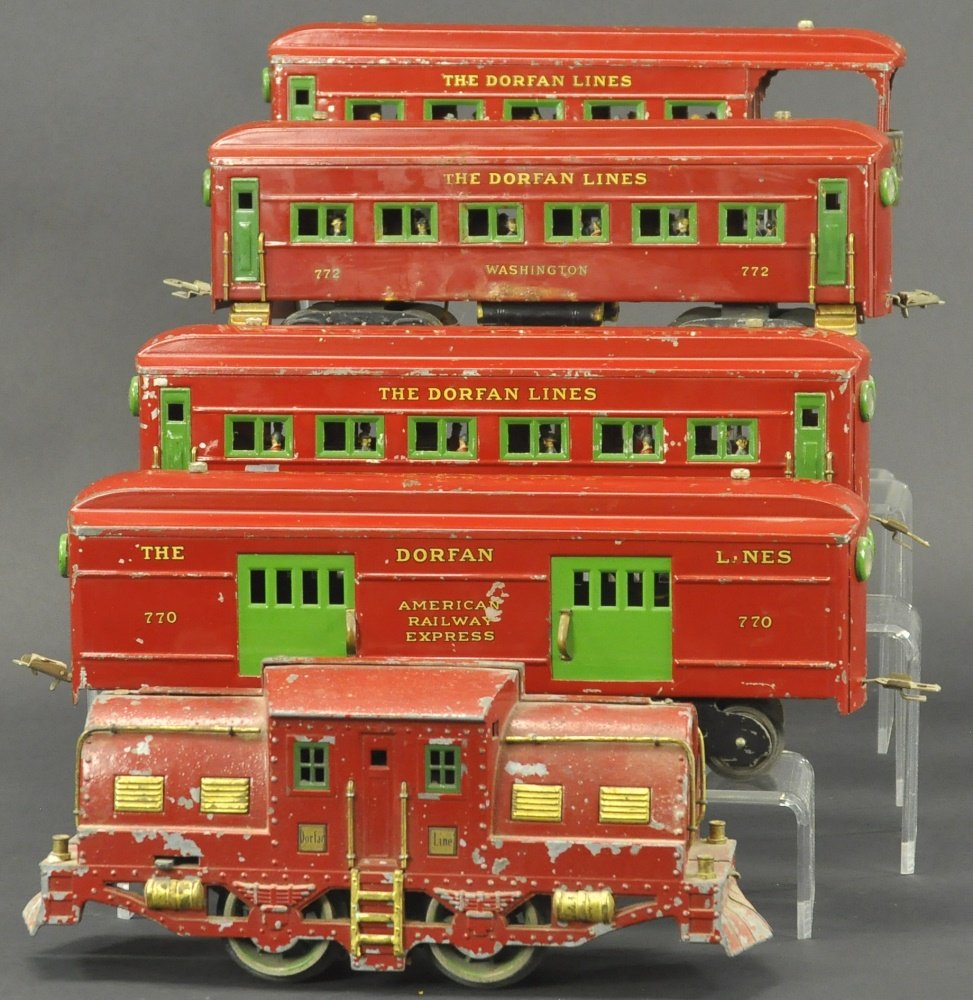 DORFAN #770, #772 AND #773 PASSENGER CARS: circa 1928, wide gauge, all done in red bodies, green window trim, each with passengers at windows, includes #770 Baggage, two #772 Washington Pullmans, and #773 Observation. 13" l.