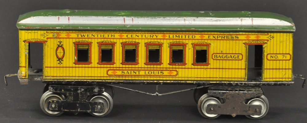IVES I GAUGE BAGGAGE CAR: Prewar, I gauge No. 71 20th Century Baggage car, First Series, example circa 1904-1909 with green and silver trim, hand painted roof, lithographed buffet car done in simulated wood slat sides, lettere