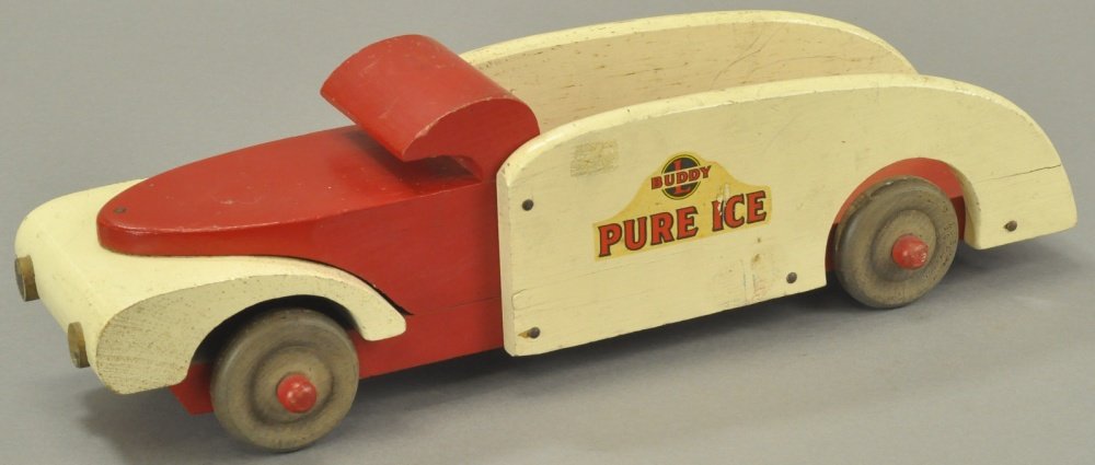BUDDY 'L' PURE ICE TRUCK: Wooden model from war years, done in red and white cab, decals on sides, red interior bed, black wheels. 16" l.