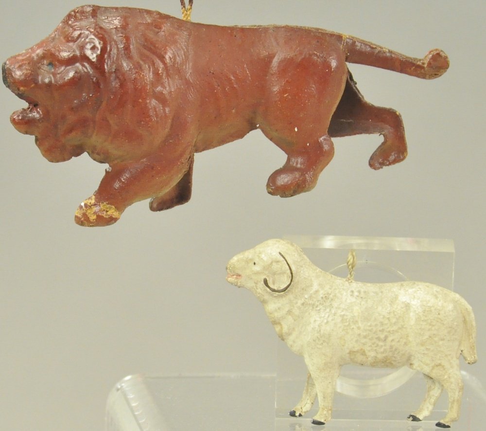 LION & SHEEP DRESDENS: Includes charging lion and long horn ram Dresden Christmas ornaments. 2 1/2" to 4 1/2" l.