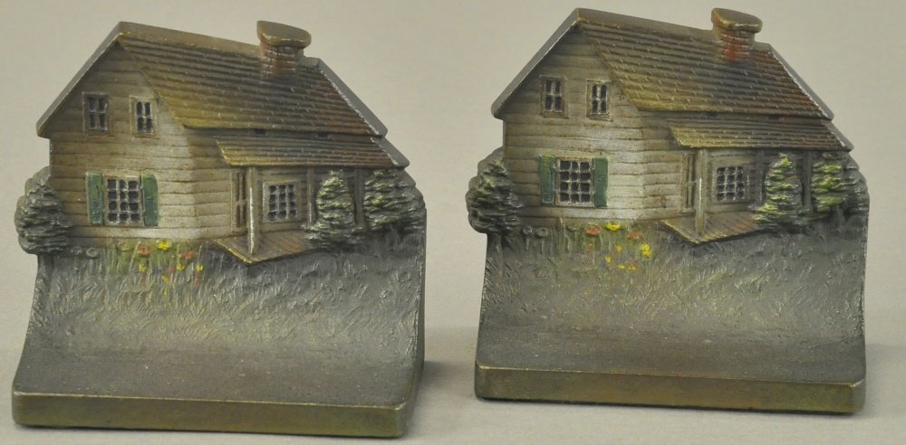 B&H EDGAR ALLAN POE HOUSE BOOKENDS: Excellent casting depicts Poe's birthplace, pairs well with doorstop, original label on bottom of one. 4 1/2' h.
