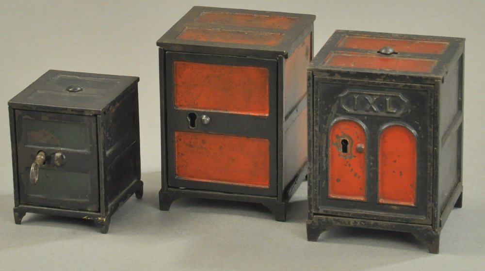 THREE LARGE, TWO PANEL PAINTED SAFE STILL BANKS (1 of 2)