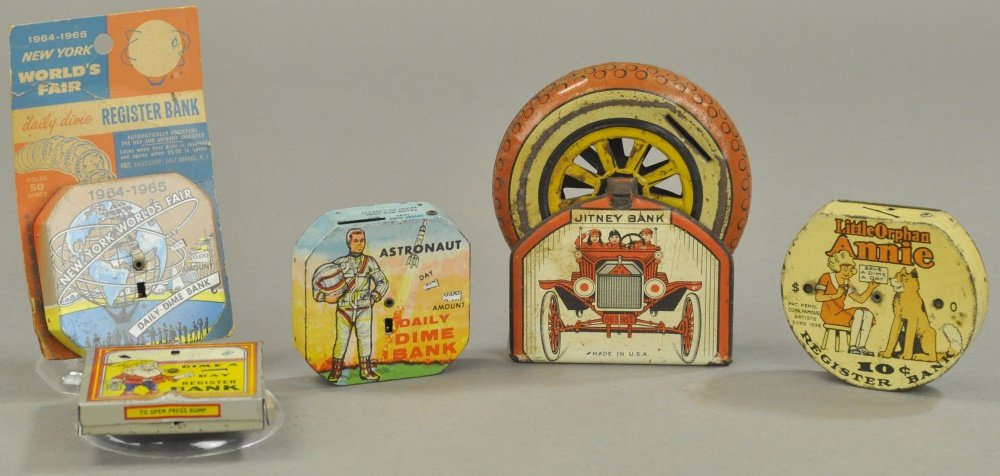 LOT OF FIVE TIN COMIC STILL BANKS (1 of 2)