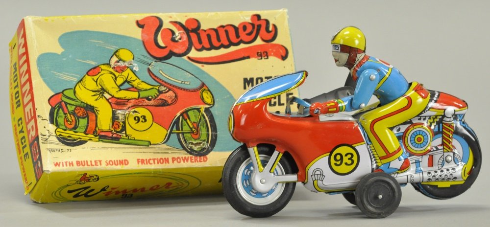 BOXED DMI INDIAN CYCLE: "Winner 93" motorcycle, friction powered, bright lithography, driver in racing position. 8" l.