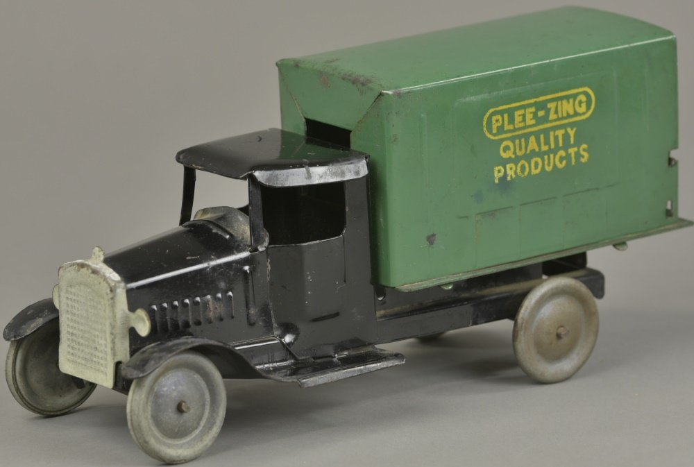 METALCRAFT PLEE-ZING VAN TRUCK: Pressed steel, painted black cab with green enclosed van body and yellow lettering on sides. 11" l.