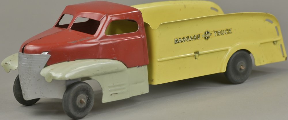 BUDDY 'L' "BAGGAGE TRUCK": Pressed steel, sleek cab done in red and grey, yellow open bed body, decals on sides, rubber tires, rear step to body. 17 1/2" l.