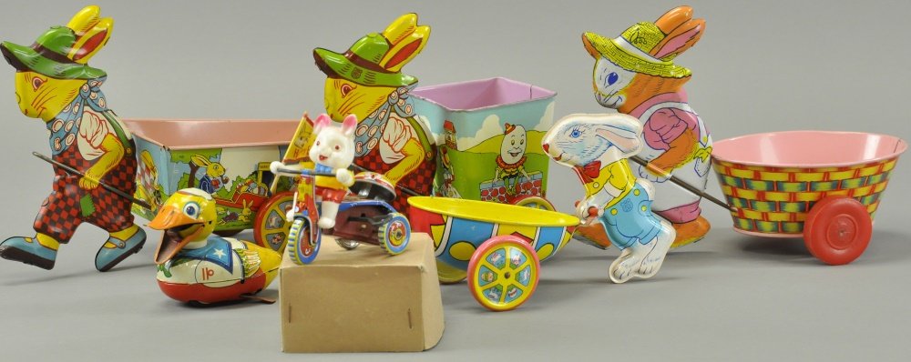 FOUR CHEIN EASTER BUNNY TOYS & TWO JAPAN TIN TOYS (1 of 2)
