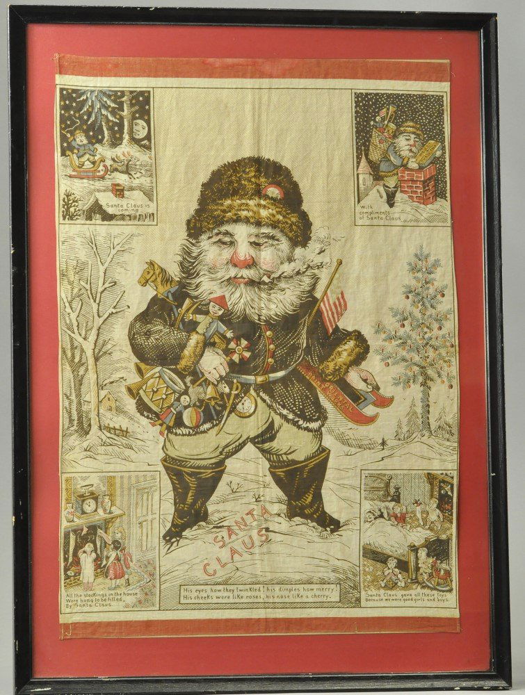 NICELY FRAMED NAST PRINT SANTA CLAUS: Color litho on cloth of Thomas Nast's "Night Before Christmas," retaining good color and great detail, a hard to find print in this condition. 29" x 22".
