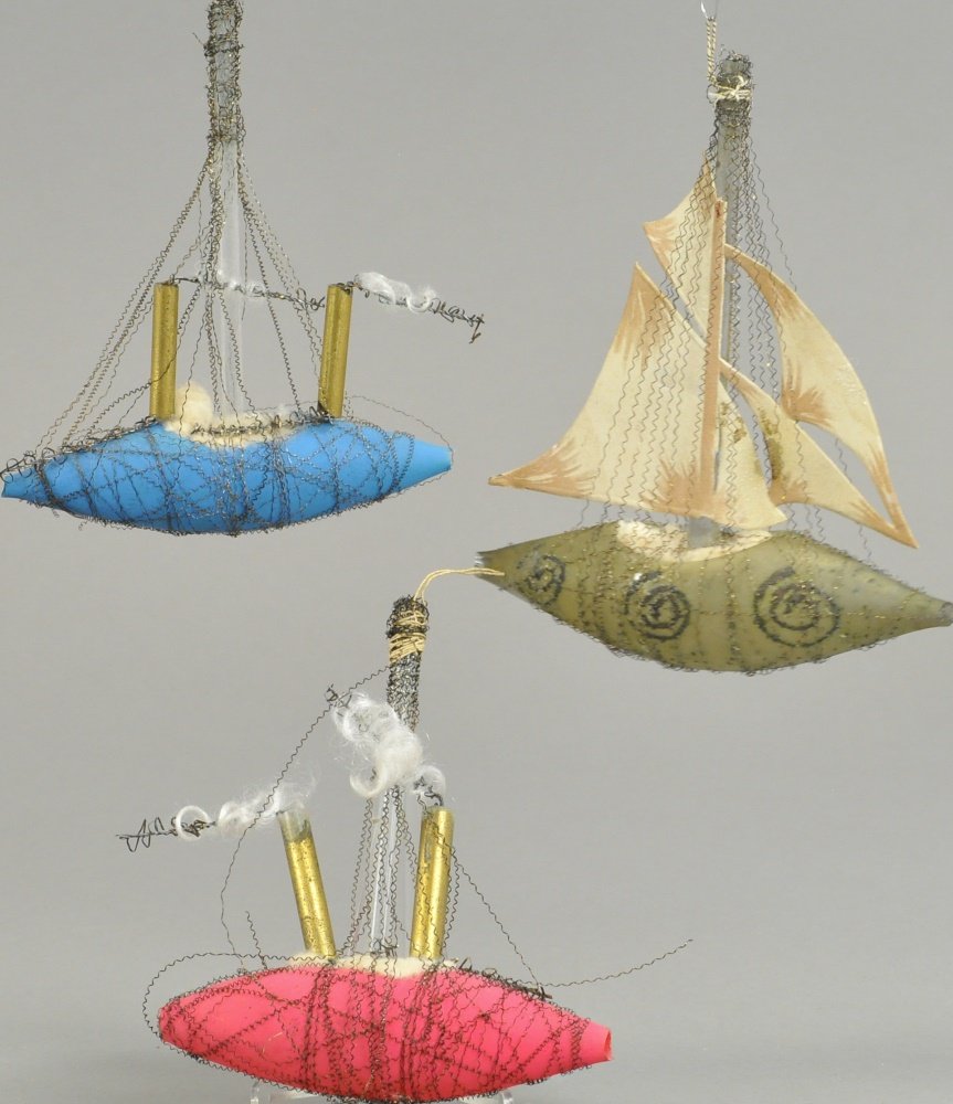 VICTORIAN WIRE WRAP SAILBOAT AND STEAM SHIPS: Blown glass, wire wrap sailboat, Dresden sails on glass mast, two twin stack steam ships, very colorfully done in blue and red with golden stacks. 5" - 6".
