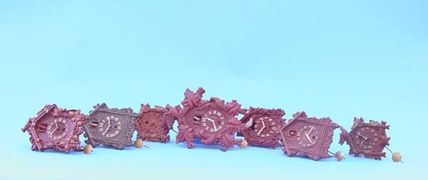 Seven Lux Pendulette Clocks: Circa 1940 American Lux 30 Hour Wall Clock with " Good original dials, Spring driven pendulum movements, Seven Black Forest style wall clocks. Mostly good condition with normal wear. Need cleaning