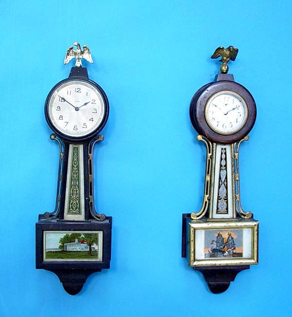 Two New Haven Miniature Banjo Wall Clocks: Circa 1920 American New Haven Clock Company 8 Day Wall Clock with 2.5" Good original signed dials, Spring driven brass movements, Photographed left to right. Both with original reverse painted glasses