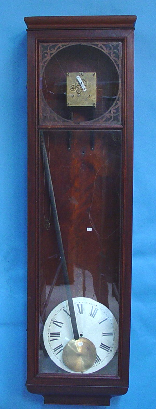 Large Mahogany WT DRVN Regulator Wall Clock: Circa 1932 German Unsigned 8 Day Wall Clock with 10" Original dial is missing., Weight driven brass movement in need of repairs. Bell and bracket missing, may lack other less important parts, Large wa