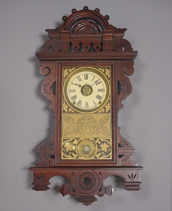 Seth Thomas Antique Wall Clock Eclipse: American Seth Thomas "Ball Top Eclipse" Wall Clock, Circa 1885, 5" replaced paper dial, 8-day, brass spring driven movement with alarm, a good Victorian walnut wall clock, for the intermediate collect