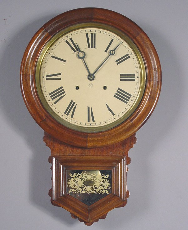 Ansonia Clock Co. Antique Wall Clock: American Ansonia Clock Co. "Schoolhouse" Wall Clock, Circa 1900, 12" replaced paper dial, 8-day, brass spring driven movement, mahogany school clock with round bezel & replaced lower glass, good resto