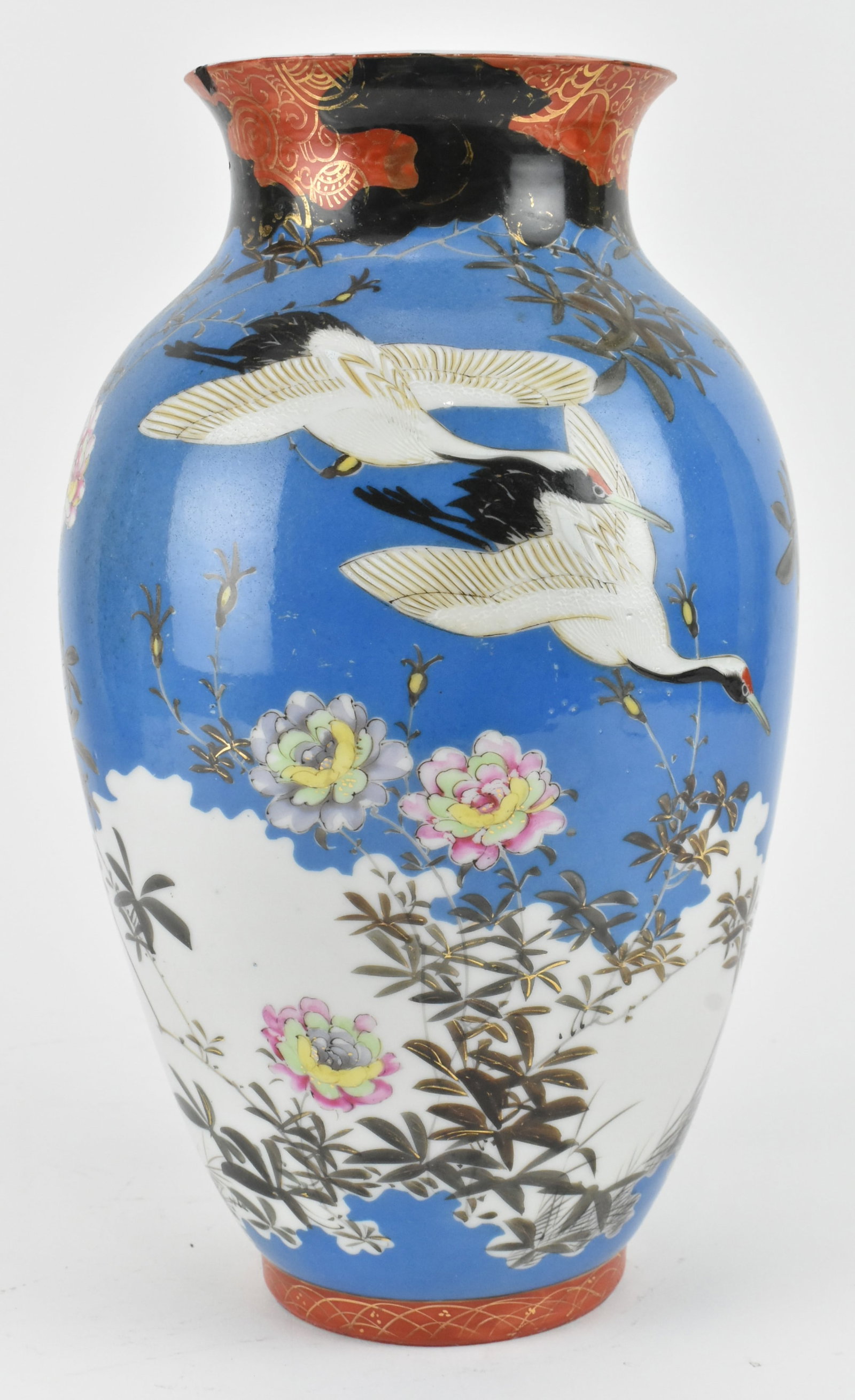 JAPANESE MEIJI MATSUMURA CERAMIC VASE 日本明治九谷烧ਖ਼: A Japanese Meiji period Kutani vase made by Matsumura Kyusuke. The baluster shaped vase having a flared mouth rim, decorated with pair of cranes and flowers. Dai Nippon Matsumura Zo 松Ĉ