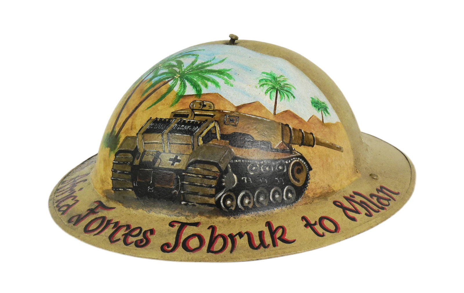 WWII SECOND WORLD WAR SOUTH AFRICAN MKII HELMET WITH MEMORIAL ARTWORK: A WWII Second World War South African MKII helmet with post war memorial painting to the South African Forces from Tobruk to Milan.