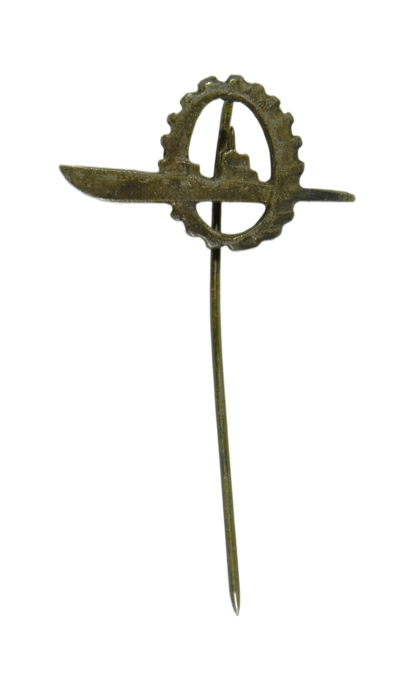 WWII SECOND WORLD WAR GERMAN U-BOAT DOCK WORKERS PIN BADGE: A WWII Second World War Third Reich Nazi German U-Boat dock workers lapel pin badge depicting a U-boat within a cogged wheel. Due to the nature of some items, buyers are reminded for the need to satis