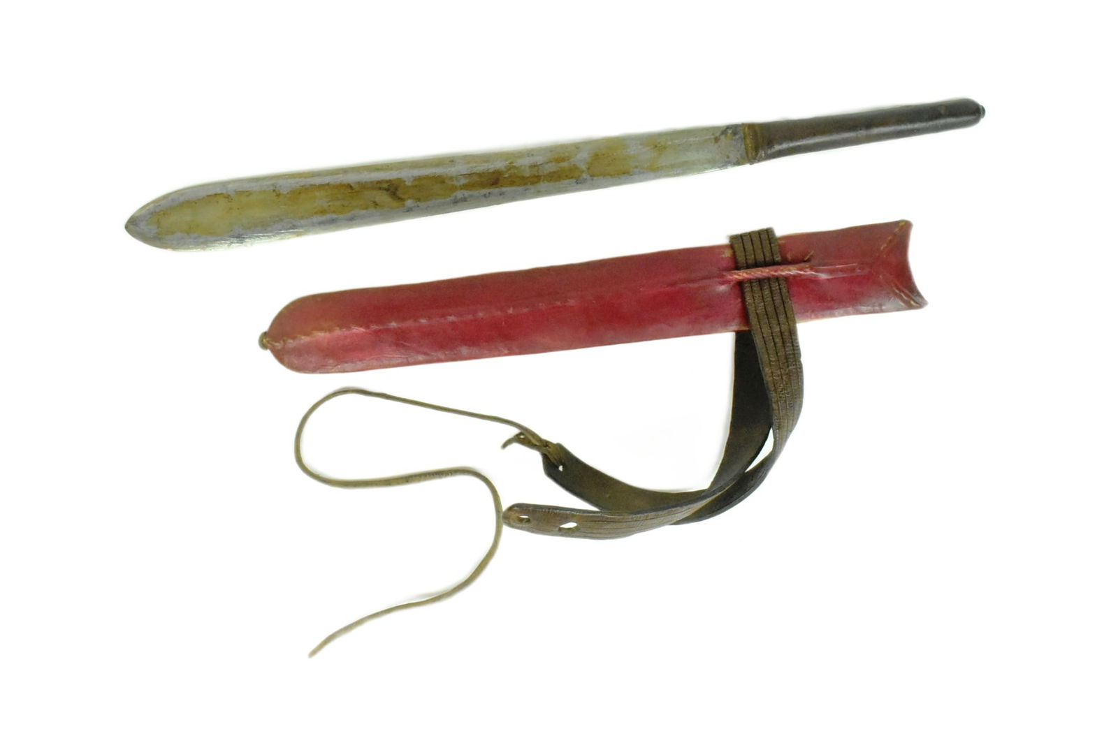 EARLY 2OTH CENTURY KENYAN MAASAI PEOPLE MACHETE: An early 20th Century East African Kenyan Maasai People Seme Alem / Machete knife. Sinew wrapped handle with a tapering blade widening at the tip. Housed in a stitched leather scabbard with brown leat